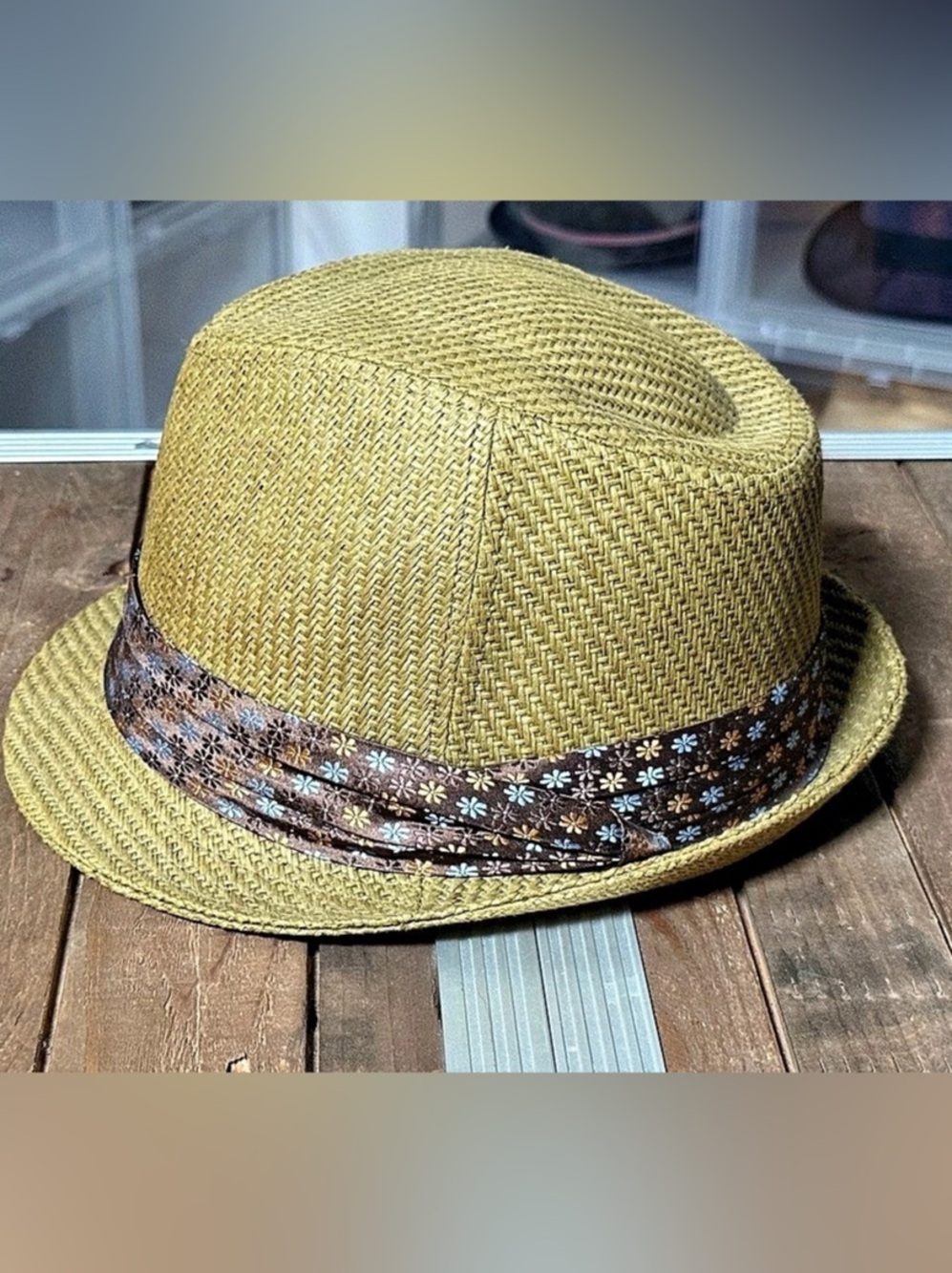 Hattitude Olive Woven Straw Fedora Hat Floral Band Short Brim XL 58cm